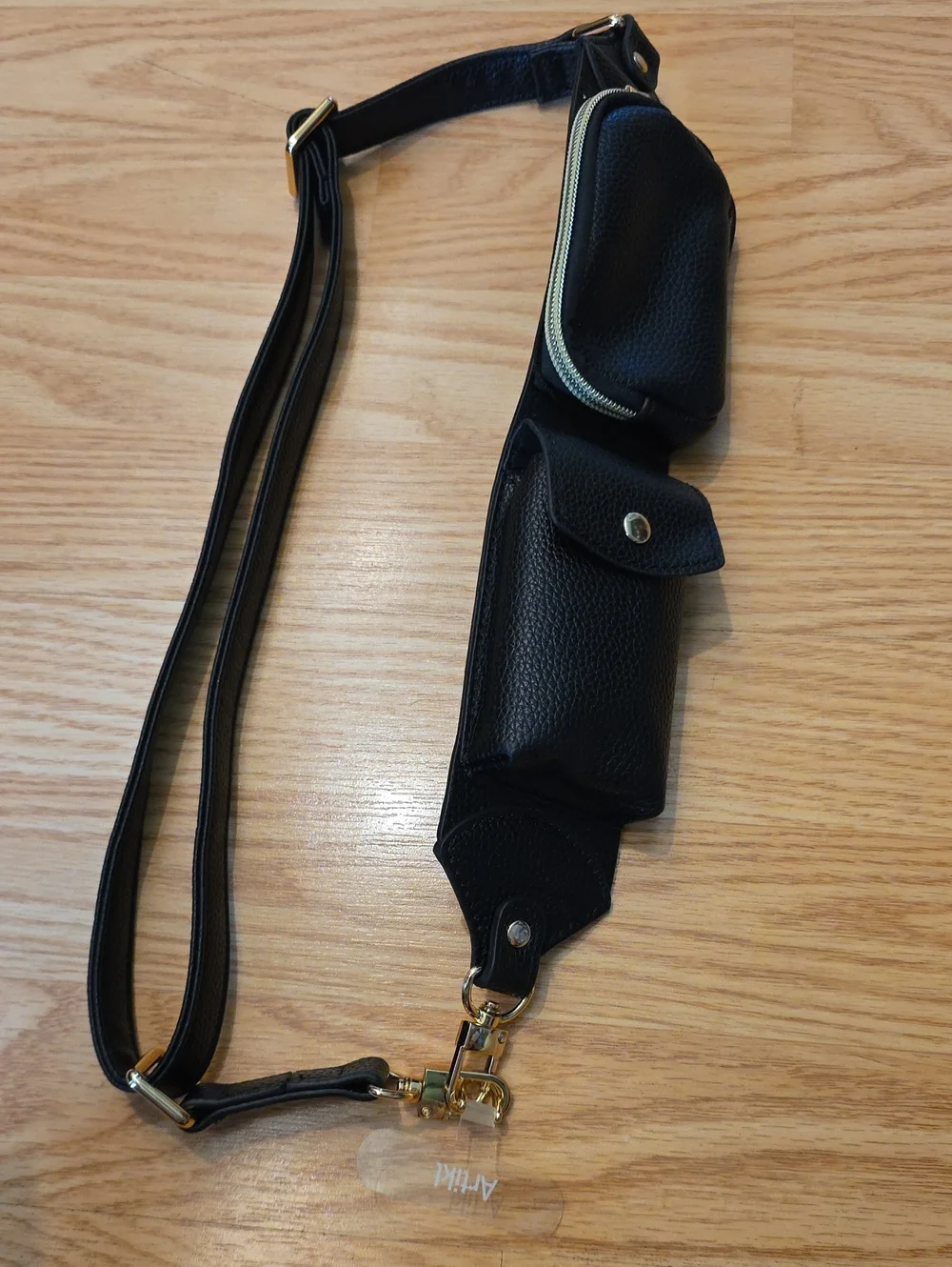 Black Multi-Pocket Leather Phone Case Crossbody Strap with Gold Hardware